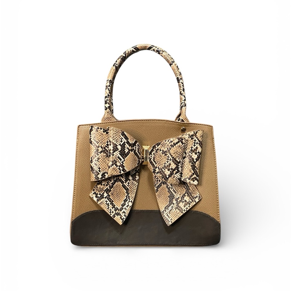 Crossi Elegant Tan and Brown Handbag with Bow Accent